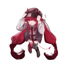 Rule 34 | 1girl, arknights, arms up, asymmetrical legwear, black hat, black jacket, black shorts, black thighhighs, cabbie hat, collared shirt, flying sweatdrops, full body, hat, hemorina, highres, horns, horns through headwear, jacket, long hair, looking at viewer, low twintails, mismatched legwear, necktie, open mouth, pointy ears, red eyes, red hair, red necktie, red thighhighs, shirt, short shorts, shorts, simple background, solo, standing, thighhighs, twintails, very long hair, vigna (arknights), white background, white shirt