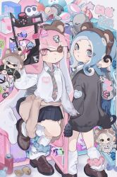 Rule 34 | .52 gal (splatoon), 2girls, animal ears, ankle scrunchie, bag, bear ears, black skirt, black sweater, blue eyes, blue hair, blue scrunchie, blunt bangs, blush, bow, brown footwear, brown hairband, brown sweater, bulging eyes, can, chain, character doll, chips (food), closed eyes, closed mouth, clothes around waist, clothes writing, collared shirt, colored sclera, cross, drink, drinking straw, e-liter 4k (splatoon), earrings, fake animal ears, female focus, fish, flat chest, food, forehead, from behind, gashapon, hair ornament, hairband, hairclip, hand up, heart, highres, holding, holding weapon, inkling, inkling (language), inkling girl, inkling player character, jellyfish (splatoon), jewelry, charm (object), kneepits, latin cross, leg up, light blush, locker, long hair, long sleeves, looking up, loose socks, lying, matching hair/eyes, milk carton, miniskirt, mohawk, multiple girls, necktie, nintendo, nose bubble, octoling, octoling girl, octoling player character, on stomach, one eye closed, open mouth, pink bow, pink eyes, pink hair, pink necktie, plastic bag, pleated skirt, pointy ears, potato chips, red eyes, red hair, school uniform, scrunchie, shirt, shoes, short hair, sidelocks, single earring, single tooth, skirt, sleeping, smallfry (splatoon), socks, splatoon (series), splatoon 3, standing, standing on one leg, star (symbol), sticker, strawberry milk, striped necktie, suction cups, sweater, sweater around waist, tentacle hair, tentacles, twintails, u u, unitoon, v-shaped eyebrows, very long hair, weapon, white shirt, white socks, yellow sclera