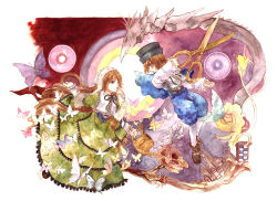 Rule 34 | 00s, 2girls, brown hair, bug, butterfly, dress, flower, hairband, hat, bug, long hair, multiple girls, red eyes, rozen maiden, scissors, shiroma (mamiko), short hair, siblings, sisters, souseiseki, suiseiseki, traditional media, twins, watering can