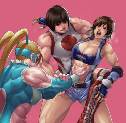 Rule 34 | 3girls, abs, absurdres, biceps, black hair, blonde hair, blue eyes, blue leotard, blue sports bra, blush, boots, breasts, brown hair, capcom, cirenk, cleavage, clothing cutout, commentary, commission, cross-laced footwear, crossover, crying, elbow pads, english commentary, fingerless gloves, gloves, grin, hand on another&#039;s stomach, highres, kazama asuka, knee pads, lace-up boots, large breasts, leotard, lips, long hair, mask, multiple girls, muscular, muscular female, namco, nose blush, open mouth, pain, pinching, pink background, rainbow mika, rising sun flag, ryona, short hair, shoulder cutout, smile, sports bra, stomach, street fighter, street fighter v, submission hold, sunburst, sweat, tekken, tekken 7, thick thighs, thighs, torn clothes, twintails, unitard, unzipped, white leotard, wrestling, wrestling mask, wrestling outfit, yamato nadeshiko (street fighter)