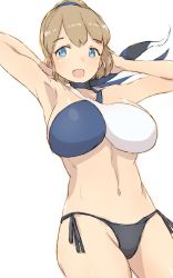 Rule 34 | 1girl, alchera, arm behind head, ascot, bad id, bad twitter id, bikini, blue eyes, breasts, brown hair, cowboy shot, halterneck, intrepid (kancolle), kantai collection, large breasts, mismatched bikini, ponytail, short hair, side-tie bikini bottom, simple background, smile, solo, swimsuit, white background
