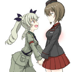 Rule 34 | 10s, 2girls, :d, anchovy (girls und panzer), armband, blush, brown eyes, brown hair, days135, drill hair, garrison cap, girls und panzer, green hair, holding hands, hat, highres, multiple girls, nishizumi maho, open mouth, pants, sketch, skirt, smile, uniform, white background, yellow eyes
