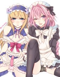 Rule 34 | 2boys, alternate costume, apron, astolfo (fate), blonde hair, blue eyes, blush, braid, bulge, chevalier d&#039;eon (fate), condom, condom on penis, crossdressing, enmaided, erection, erection under clothes, fate/apocrypha, fate/grand order, fate (series), hair ornament, hair ribbon, hairband, long hair, maid, maid apron, maid headdress, male focus, multiple boys, multiple penises, open mouth, penis, pink hair, purple eyes, ribbon, shisei (kyuushoku banchou), testicles, thighhighs, trap, twitter username