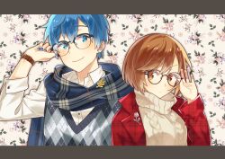 Rule 34 | 1boy, 1girl, adjusting eyewear, bespectacled, blue eyes, blue hair, blue nails, brown eyes, brown hair, buttons, closed mouth, collared shirt, commentary, fingernails, floral background, glasses, highres, kaito (vocaloid), lapels, long sleeves, meiko (vocaloid), notched lapels, scarf, shirt, short hair, sideways glance, sleeves past elbows, smile, sweater, sweater vest, symbol-only commentary, turtleneck, turtleneck sweater, upper body, vocaloid, watch, wristwatch, yiwr