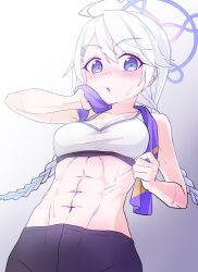 Rule 34 | 1girl, abs, ahoge, belly, blue archive, blush, braid, breasts, from below, gomashimashio, gradient background, grey background, hair ornament, hairclip, halo, highres, kirino (blue archive), long hair, looking at viewer, medium breasts, midriff, navel, pants, purple halo, purple towel, solo, sports bra, sweat, swept bangs, tight clothes, tight pants, toned, twin braids, white hair, white sports bra