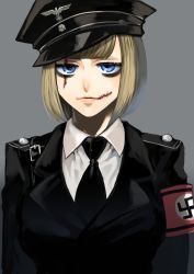 Rule 34 | 1girl, armband, black jacket, black necktie, blonde hair, blue eyes, blunt bangs, bob cut, breasts, commentary request, grey background, hat, highres, jacket, large breasts, looking at viewer, military, military hat, military uniform, nazi, necktie, original, peaked cap, reichsadler, ru taso, scar, scar across eye, scar on face, scar on mouth, shirt, short hair, solo, swastika, uniform, upper body, white shirt