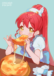 Rule 34 | 1girl, blush, chicago deep dish pizza, commentary request, eating, elbows on table, food, gloves, hands up, highres, holding, holding food, holding pizza, long hair, looking at viewer, oshiri (o4ritarou), pizza, pizza slice, ponytail, pretty series, pripara, puffy short sleeves, puffy sleeves, red hair, shiratama mikan, short sleeves, sitting, solo, steam, unworn gloves, upper body, very long hair, yellow eyes