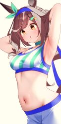 Rule 34 | 1girl, absurdres, adjusting hair, animal ears, armpits, arms up, breasts, brown hair, cleavage, commentary request, groin, hair between eyes, hair ornament, highres, horse ears, horse girl, horse tail, matikane tannhauser (blue turbulence) (umamusume), matikane tannhauser (umamusume), medium breasts, navel, official alternate costume, official alternate hairstyle, open mouth, ponta (1859ysmssstsp), shorts, simple background, tail, to be continued, triangle mouth, umamusume, white background, yellow eyes
