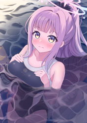 Rule 34 | 1girl, absurdres, angel wings, black one-piece swimsuit, blue archive, blunt bangs, blush, collarbone, commentary request, competition swimsuit, efu (ehutan), feathered wings, from above, frown, hair ornament, hair scrunchie, halo, highres, in water, long hair, looking at viewer, looking up, mika (blue archive), official alternate costume, official alternate hairstyle, one-piece swimsuit, outdoors, partially submerged, pink hair, ponytail, pool, scrunchie, sidelocks, sleeveless, solo, swimsuit, wet, wet clothes, wet swimsuit, white wings, wings, yellow eyes