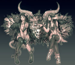 Rule 34 | 2girls, bad id, bad pixiv id, bird, breasts squeezed together, breasts, demon girl, demon tail, earrings, flower, hair flower, hair ornament, highres, horns, hummingbird, jewelry, kilart, crossed legs, monochrome, multiple girls, original, pointy ears, single thighhigh, sitting, skull, star (symbol), tail, thighhighs