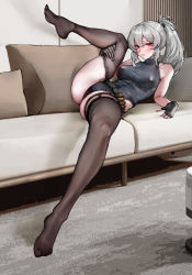 Rule 34 | 1girl, absurdres, ass, barcode, barcode tattoo, bare shoulders, black leotard, black thighhighs, blush, breasts, bullet, couch, fingerless gloves, gdhs, gloves, grey hair, highres, holding leg, indoors, leaning back, leg up, leotard, long hair, looking at viewer, medium breasts, on couch, open mouth, original, red eyes, side ponytail, solo, tattoo, thighhighs, thighs