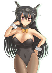 Rule 34 | 10s, 1girl, bare shoulders, black hair, breasts, brown eyes, cleavage, collarbone, kantai collection, kishi nisen, large breasts, long hair, nagato (kancolle), pantyhose, playboy bunny, solo, sweatdrop, thigh gap, very long hair