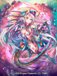 Rule 34 | 10s, 1girl, absurdly long hair, high heels, hokuyuu, holding own tail, long hair, monster girl, official art, petals, scales, smile, tail, tongue, tongue out, very long hair, white hair, wixoss, yellow eyes