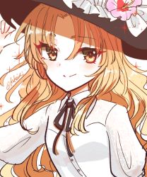 Rule 34 | 1girl, blonde hair, brown hat, closed mouth, commentary request, flower, frilled hat, frills, happy, hat, hat flower, jacket girl (dipp), long hair, long sleeves, orange eyes, owannu, shirt, smile, touhou, white shirt