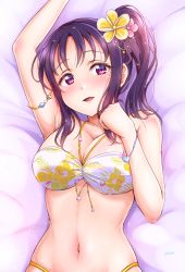 Rule 34 | 1girl, bikini, birthday, blush, bracelet, breasts, ckst, cleavage, commentary, flower, hair flower, hair ornament, highres, jewelry, kazuno sarah, large breasts, long hair, looking at viewer, love live!, love live! sunshine!!, midriff, navel, purple eyes, purple hair, side ponytail, smile, solo, swimsuit, upper body