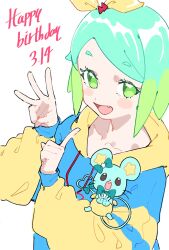 Rule 34 | 1girl, :d, blue hair, blue hoodie, blush, bow, chuppe, fang, finger counting, fugota6509, green eyes, green hair, hair bow, hair ornament, hands up, happy birthday, highres, hood, hoodie, idol time pripara, index finger raised, long sleeves, looking at viewer, mouse (animal), multicolored hair, nijiiro nino, open mouth, pretty series, pripara, short hair, simple background, smile, solo, swept bangs, upper body, v, white background, yellow bow