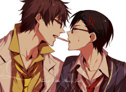 Rule 34 | 2boys, alternate costume, alvin (tales), bad id, bad pixiv id, bespectacled, black hair, brown hair, character name, copyright name, food, food in mouth, glasses, hair ornament, hairclip, izumi (nagashi), jude mathis, male focus, mouth hold, multiple boys, necktie, official alternate costume, pocky, pocky kiss, shared food, sweat, tales of (series), tales of xillia, white background