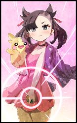Rule 34 | 1girl, absurdres, asymmetrical bangs, blush, choker, closed mouth, commentary request, creatures (company), dress, dusk ball, earrings, eyelashes, game freak, gen 8 pokemon, hair ribbon, highres, holding, holding poke ball, jacket, jacket on shoulders, jewelry, looking at viewer, marnie (pokemon), moclo, morpeko, morpeko (full), nintendo, pink dress, poke ball, pokemon, pokemon (creature), pokemon on arm, pokemon swsh, red ribbon, ribbon, twintails