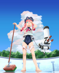 Rule 34 | 1girl, absurdres, android, aqua eyes, arms up, barefoot, blue one-piece swimsuit, blue sky, bow, cable, caustics, clenched hand, cloud, covered navel, crop top, day, detached sleeves, drone, empty pool, female focus, fence, fisheye, floating, hair bow, hat, highres, holding, holding mop, hot, huge filesize, legs apart, looking at viewer, medium hair, mop, neckerchief, official alternate costume, oko (shazz ocho), one-piece swimsuit, one eye closed, open mouth, outdoors, outstretched arm, pink hair, pink neckerchief, pink pupils, pool, reflection, rubbing eyes, sera (world flipper), shirt, short sleeves, sidelocks, sky, sleeveless, sleeveless shirt, solo, straight-on, sweat, swimsuit, teeth, thigh strap, transparent, tree, turret, water, wet, wet clothes, wet shirt, white bow, white shirt, white sleeves, world flipper