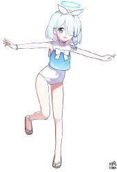 Rule 34 | 1girl, absurdres, adapted costume, arona (blue archive), artist name, blue archive, blue eyes, blue hair, blue halo, choker, colored inner hair, commentary, dated, full body, hair over one eye, halo, highres, multicolored hair, myeolchi, one-piece swimsuit, open mouth, pink hair, sailor collar, short hair, signature, simple background, smile, solo, swimsuit, swimsuit under clothes, white background, white choker, white one-piece swimsuit, white sailor collar