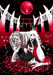 Rule 34 | 1girl, colored skin, highres, japanese clothes, lipstick, long hair, makeup, moon, original, pale skin, palmeros, petals, polearm, red moon, shide, shrine, solo, tiger, torii, weapon, white hair, white skin