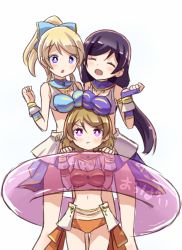 Rule 34 | &gt;:t, 10s, 3girls, :d, :o, :t, ^ ^, ayase eli, bikini, blonde hair, breast rest, breasts, breasts on head, bridal gauntlets, brown hair, clenched hands, closed eyes, commentary request, hands up, innertube, koizumi hanayo, long hair, love live!, love live! school idol festival, love live! school idol project, midriff, multiple girls, navel, open mouth, ponytail, pout, purple eyes, purple hair, shipii (jigglypuff), short hair, simple background, sketch, smile, swim ring, swimsuit, tojo nozomi, transparent, twintails, v-shaped eyebrows, white background