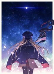 Rule 34 | 1girl, artoria caster (fate), artoria caster (second ascension) (fate), artoria pendragon (all), artoria pendragon (fate), black pantyhose, blonde hair, blue bow, blue hat, bow, brown dress, cape, character request, cowboy shot, dress, facing away, fate/grand order, fate (series), floating hair, from behind, hat, hat bow, highres, holding, holding staff, long hair, long sleeves, night, night sky, outside border, pantyhose, petals, saber (fate), shinkami hiroki, sky, solo, staff, star (sky), starry sky, two-sided cape, two-sided fabric, very long hair