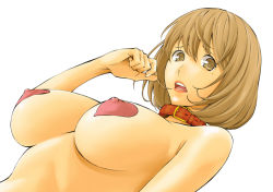 Rule 34 | 1girl, amano ameno, aoki yuriko, bakuman, breasts, brown eyes, brown hair, collar, covered erect nipples, female focus, fingernails, heart pasties, large breasts, lips, looking at viewer, mole, mole under eye, nude, pasties, short hair, simple background, solo, white background