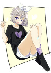 Rule 34 | 1girl, absurdres, black footwear, black shirt, bob cut, bow hairband, brown hair, collarbone, commentary request, full body, hairband, hands up, heart, highres, inset border, jyoji00, looking at viewer, open mouth, original, panties, purple eyes, purple panties, purple socks, shirt, short hair, short sleeves, shorts, socks, solo, teeth, underwear, upper teeth only, white hairband, white shorts, yellow background