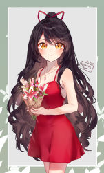 Rule 34 | 1girl, bare arms, bare shoulders, black hair, bouquet, breasts, brown eyes, cleavage, closed mouth, collarbone, commentary, cowboy shot, dress, english commentary, flower, green background, grey background, hair ribbon, highres, holding, holding bouquet, jewelry, kobutanori, long hair, original, pendant, ponytail, red dress, red flower, red ribbon, ribbon, sleeveless, sleeveless dress, small breasts, smile, solo, standing, two-tone background, very long hair, white flower