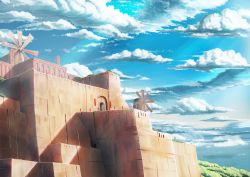 Rule 34 | banner, blue sky, building, castle, cloud, cloudy sky, commentary request, day, fantasy, forest, gate, hankachi (okayama012), nature, no humans, original, plant, scenery, shade, sky, sunlight, tree, windmill