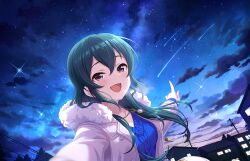 Rule 34 | 1girl, building, cable, fur trim, game cg, idolmaster, idolmaster cinderella girls, idolmaster cinderella girls starlight stage, jewelry, necklace, official art, ohishi izumi, open mouth, pointing, red eyes, shooting star, sky, solo, star (sky), starry sky, window