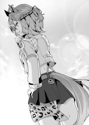 Rule 34 | 1girl, absurdres, ahoge, animal ears, belt, braid, clothing cutout, commentary request, cowboy shot, cropped jacket, french braid, from behind, greyscale, grin, hair between eyes, hand on own hip, highres, horse ears, horse girl, horse tail, jacket, jungle pocket (umamusume), lens flare, long sleeves, looking at viewer, looking back, monochrome, outdoors, pleated skirt, ryochapu, short hair, skirt, sky, smile, solo, tail, tail through clothes, umamusume