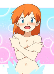 Rule 34 | 1girl, armpits, asymmetrical hair, blue eyes, blush, breasts, covering breasts, covering privates, cowboy shot, creatures (company), crossed arms, embarrassed, game freak, green eyes, legs, legs together, looking at viewer, midriff, misty (pokemon), multicolored background, narrow waist, navel, nintendo, nude, open mouth, orange hair, outside border, pokemon, pokemon (anime), pokemon (classic anime), ponytail, red hair, short hair, solo, standing, stomach, surprised, topless, water, yume yoroi