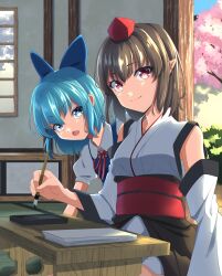 Rule 34 | absurdres, amanoyayuki, black hair, blue bow, blue eyes, blue hair, bow, calligraphy brush, cherry blossoms, cirno, commentary request, detached sleeves, hair bow, hat, head tilt, highres, holding, holding brush, indoors, inkstone, kourindou tengu costume, looking at viewer, neck ribbon, obi, official alternate costume, open mouth, paintbrush, pointy ears, red eyes, red headwear, ribbon, sarashi, sash, shameimaru aya, short hair, sitting, smile, table, tokin hat, touhou