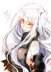 Rule 34 | 10s, 1girl, abyssal ship, aircraft carrier oni, bare shoulders, black dress, breasts, creayus, dress, gauntlets, kantai collection, long hair, looking at viewer, one side up, sailor dress, side ponytail, solo, twitter username, white background, white hair, yellow eyes