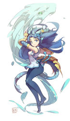 Rule 34 | 1girl, black hair, blue eyes, blue pantyhose, blue theme, brass knuckles, chinese clothes, dragon, dragon tail, floating hair, from side, full body, highres, horns, karin (p&amp;d), long hair, no shoes, pantyhose, parted lips, puzzle &amp; dragons, revision, sleeveless, solo, tail, tennohi, water, weapon, white background