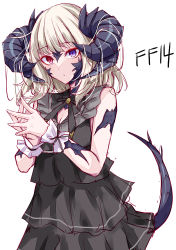 Rule 34 | 1girl, au ra, bare shoulders, black dress, blonde hair, breasts, cleavage, copyright name, dress, final fantasy, final fantasy xiv, heterochromia, horns, purple eyes, red eyes, simple background, sleeveless, sleeveless dress, solo, suterii, tail, warrior of light (ff14), white background