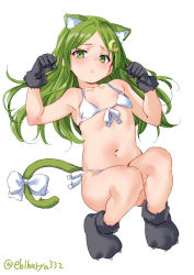Rule 34 | 1girl, animal ears, animal hands, bikini, blush, breasts, cat ears, cat girl, cat tail, collarbone, ebifurya, flat chest, front-tie top, full body, gloves, green eyes, green hair, highres, kantai collection, kemonomimi mode, lips, long hair, looking at viewer, micro bikini, nagatsuki (kancolle), navel, parted bangs, parted lips, paw gloves, paw pose, side-tie bikini bottom, simple background, small breasts, solo, swimsuit, tail, twitter username, white background, white bikini