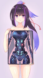 Rule 34 | 1girl, absurdres, android, blush, empty eyes, error, highres, holding, karasuba (prima doll), lights, looking at viewer, machine, mechanical parts, metal, multicolored hair, nude, prima doll (anime), purple eyes, rasen manga, ribbon, robot girl, simple background, skeleton, solo, static eyes, x-ray