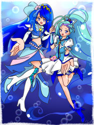 Rule 34 | 2girls, blue background, color connection, cosplay, costume switch, crossover, cure aqua, cure aqua (cosplay), cure mermaid, cure mermaid (cosplay), go! princess precure, kaidou minami, magical girl, minazuki karen, multiple girls, precure, sakurashio (coolmoon), yes! precure 5, yes! precure 5 gogo!