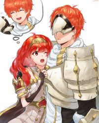 Rule 34 | 1boy, 1girl, armor, brother and sister, celica (fire emblem), closed eyes, closed mouth, conrad (fire emblem), dress, earrings, fingerless gloves, fire emblem, fire emblem echoes: shadows of valentia, futabaaf, gloves, highres, imagining, jewelry, long hair, mask, nintendo, one eye closed, open mouth, red armor, red eyes, red hair, short hair, siblings, simple background, tiara, white armor, white background
