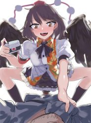 Rule 34 | 1boy, 1girl, absurdres, assertive female, bar censor, blush, breasts, brown eyes, brown hair, camera, censored, clothed sex, feathered wings, girl on top, gunnjou yosio, hat, hetero, highres, open mouth, penis, sex, shameimaru aya, short hair, squatting, tokin hat, touhou, vaginal, wings