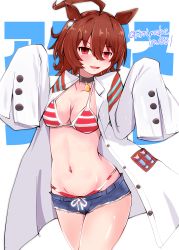 Rule 34 | 1girl, absurdres, agnes tachyon (umamusume), ahoge, animal ears, blush, breasts, brown hair, choker, cleavage, coat, cowboy shot, cutoffs, hands up, highres, horse ears, kitahama (siroimakeinu831), lab coat, looking at viewer, medium hair, navel, open clothes, open coat, open mouth, red eyes, short shorts, shorts, sleeves past fingers, sleeves past wrists, small breasts, smile, solo, swimsuit, swimsuit under clothes, test tube, twitter username, umamusume