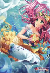 Rule 34 | 1girl, absurdres, blue flower, bouquet, breasts, bubble, collarbone, copyright name, dress, fish, floating hair, flower, green eyes, head wreath, highres, holding, holding bouquet, lala satalin deviluke, lens flare, long hair, official art, pink flower, pink hair, purple flower, red flower, see-through, small breasts, solo, to love-ru, underwater, very long hair, wedding dress, white dress, yabuki kentarou, yellow flower