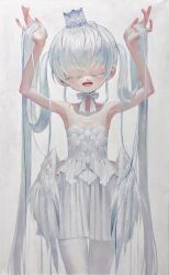 Rule 34 | 1girl, angel wings, arms up, blush, choker, closed eyes, crown, dress, facing viewer, feathered wings, flat chest, highres, holding, holding own hair, kaede (shijie heping), long hair, low wings, oil painting (medium), open mouth, original, painting (medium), pantyhose, ribbon choker, smile, solo, strapless, strapless dress, traditional media, twintails, very long hair, white dress, white pantyhose, white wings, wings