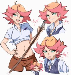 Rule 34 | 1girl, amanda o&#039;neill, blush, blush stickers, breasts, closed mouth, green eyes, highres, little witch academia, looking at viewer, luna nova school uniform, midriff, multiple views, navel, omiza somi, open mouth, orange hair, school uniform, short hair, simple background, small breasts, smile, tank top, upper body, white background