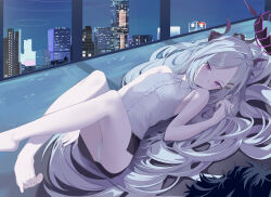 Rule 34 | 1girl, absurdres, ass, barefoot, black horns, black skirt, blue archive, building, closed mouth, collared shirt, commentary, demon horns, grey hair, halo, highres, hina (blue archive), horns, indoors, kuyoumi, long hair, looking at viewer, multiple horns, panties, purple eyes, shirt, skirt, sleeveless, sleeveless shirt, solo, toes, underwear, white panties, white shirt