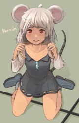 Rule 34 | 1girl, animal ears, character name, full body, grey hair, highres, looking at viewer, mouse ears, mouse tail, nazrin, permanentlow, red eyes, short hair, sitting, solo, tail, touhou