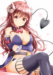 Rule 34 | 1girl, arms under breasts, bare shoulders, black panties, black thighhighs, blush, bow, breast hold, breasts, brown eyes, brown hair, cleavage, closed mouth, collar, commentary request, curled horns, demon girl, demon horns, demon tail, detached collar, detached sleeves, floral background, hair between eyes, highres, horns, large breasts, long hair, long sleeves, looking at viewer, machikado mazoku, navel, panties, pink bow, purple collar, purple sleeves, simple background, sitting, sleeves past wrists, smile, solo, tail, thighhighs, underwear, very long hair, white background, xenon (for achieve), yoshida yuuko (machikado mazoku)